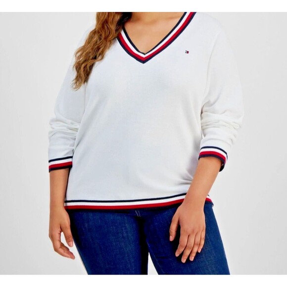 Tommy Hilfiger Women's Plus Size V-Neck Sweater Modern Casual Ivory off White 1X - Picture 1 of 7